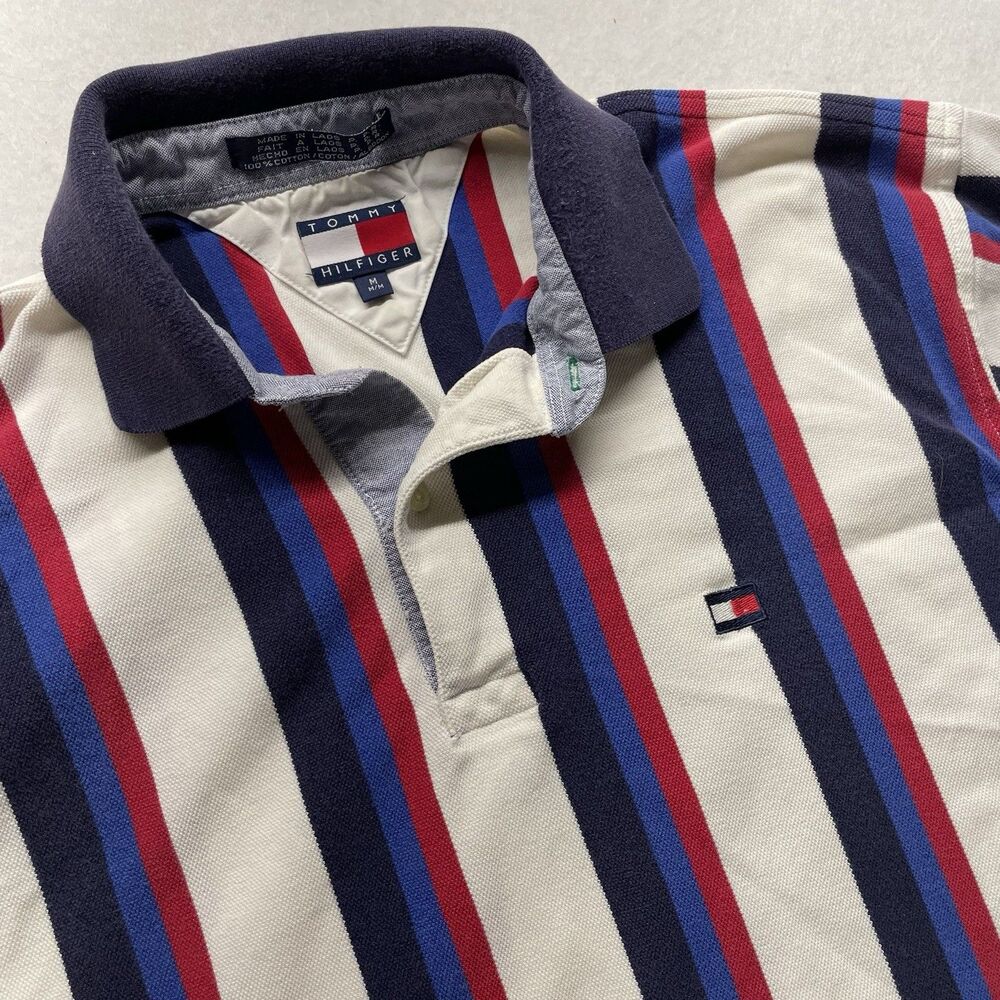 Vintage Tommy Hilfiger Polo Shirt Men’s Large Multi Color Vertical Stripe 90s M